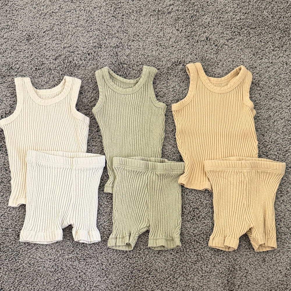 Kids Ribbed Matching Set - Cream, Green, Tan